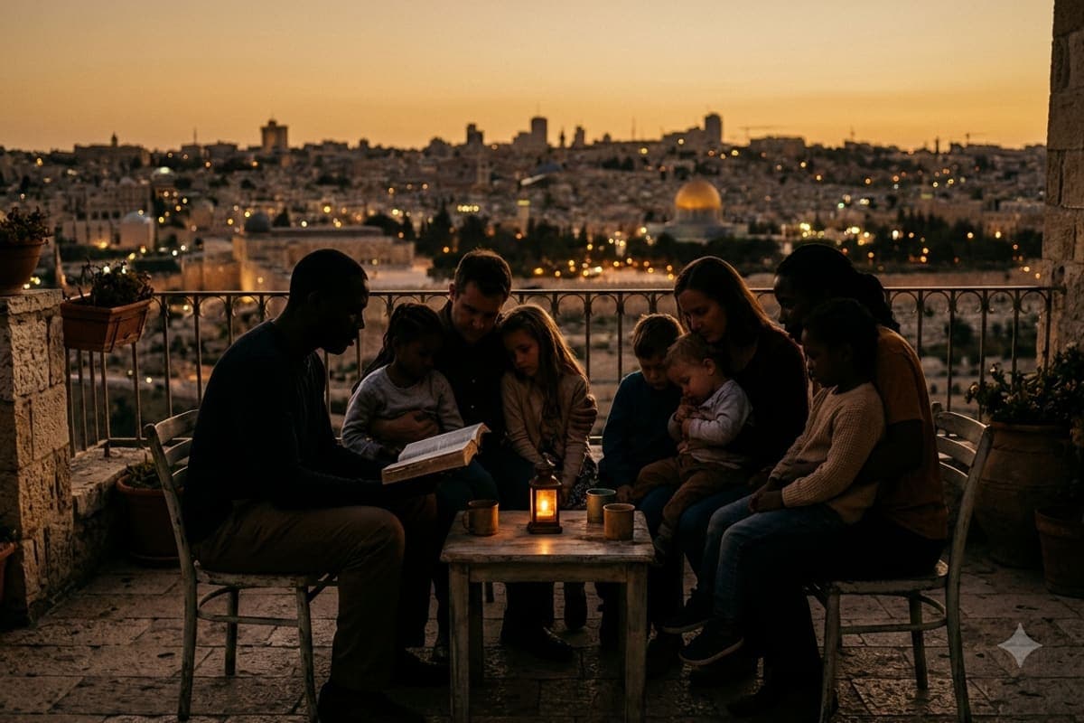 A family reading the Bible together at sunset while traveling