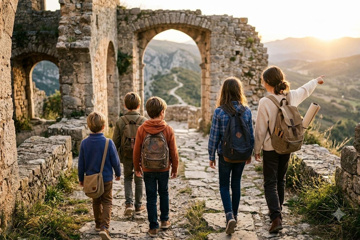 Children exploring ancient ruins together on a family field trip